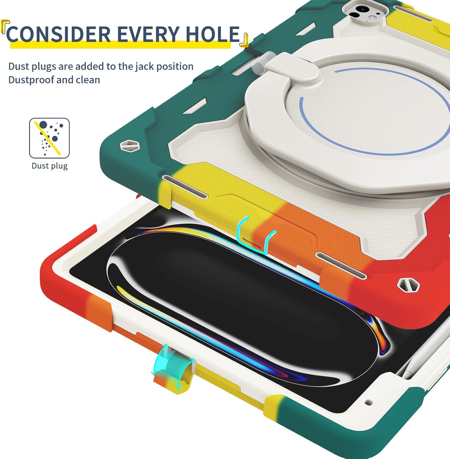 Tablet Silicone Case for iPad Pro 13" 2024, Shockproof Case with Pencil Holder, Shoulder Strap, Rotating Large Ring Hanging Kickstand for Kids