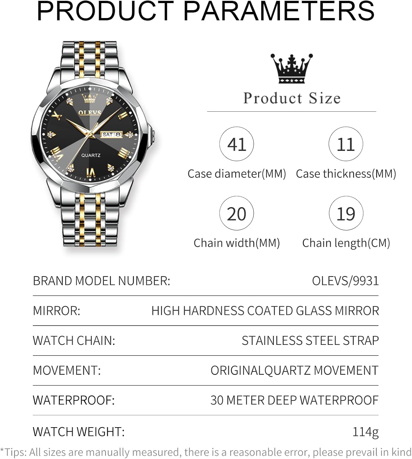 Diagram showing OLEVS G9931 product parameters: case diameter, case thickness, chain width, chain length, brand model number, mirror type, watch chain material, movement type, waterproof rating, and watch weight.