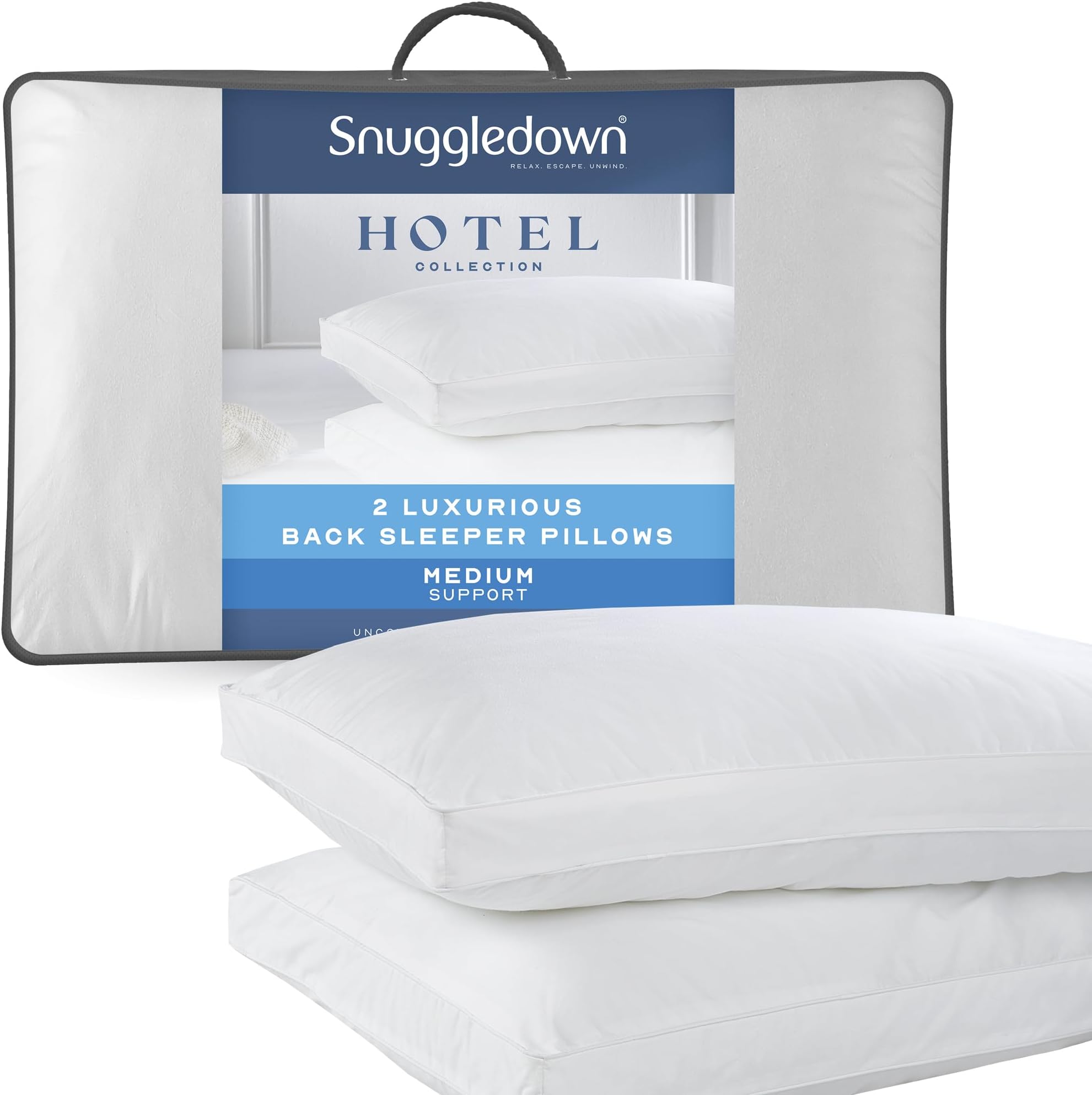 Hotel Collection Back Sleeper Pillows 2 Pack - Supportive & Breathable Boxed Pillow for Back Sleepers | Cotton Cover, UK-Made, Non-Allergenic, Machine Washable (43 x 69cm)
