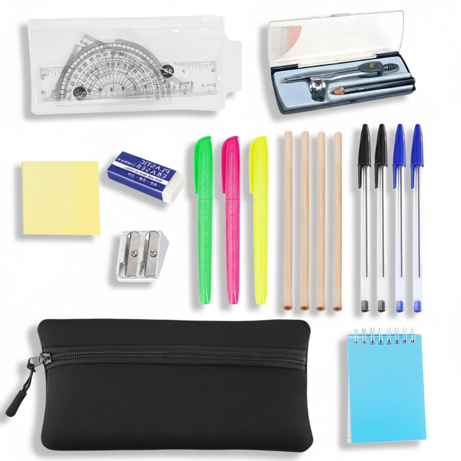 DAQUN 17 Pcs Stationery Set for GCSE Revision & School, Sturdy Black Neoprene Pencil Case with Complete Mathematical Geometry Kit, Ruler & Compass, Functional School Supplies for Secondary Students