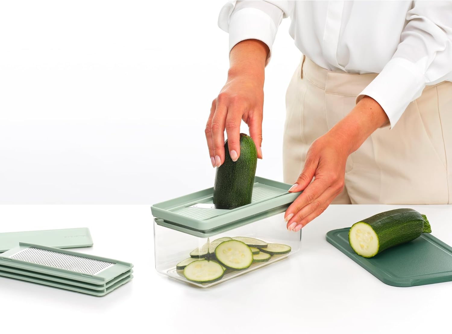 Brabantia Tasty+ Slicer and Grater Set | Vegetable Slicer with Two Graters & Storage Box | Non-Slip Base & Dishwasher Safe Design | 100% Recyclable Tritan Plastic | Jade Green