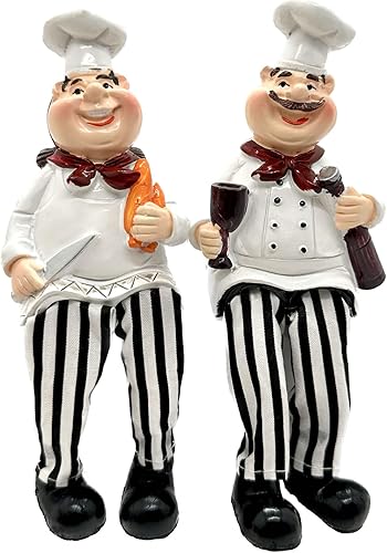 Juego de 2 figuras de chef para decoración de cocina del hogar, pan y vino con patas colgantes, estatua para estantes de cocina, armario, exhibición