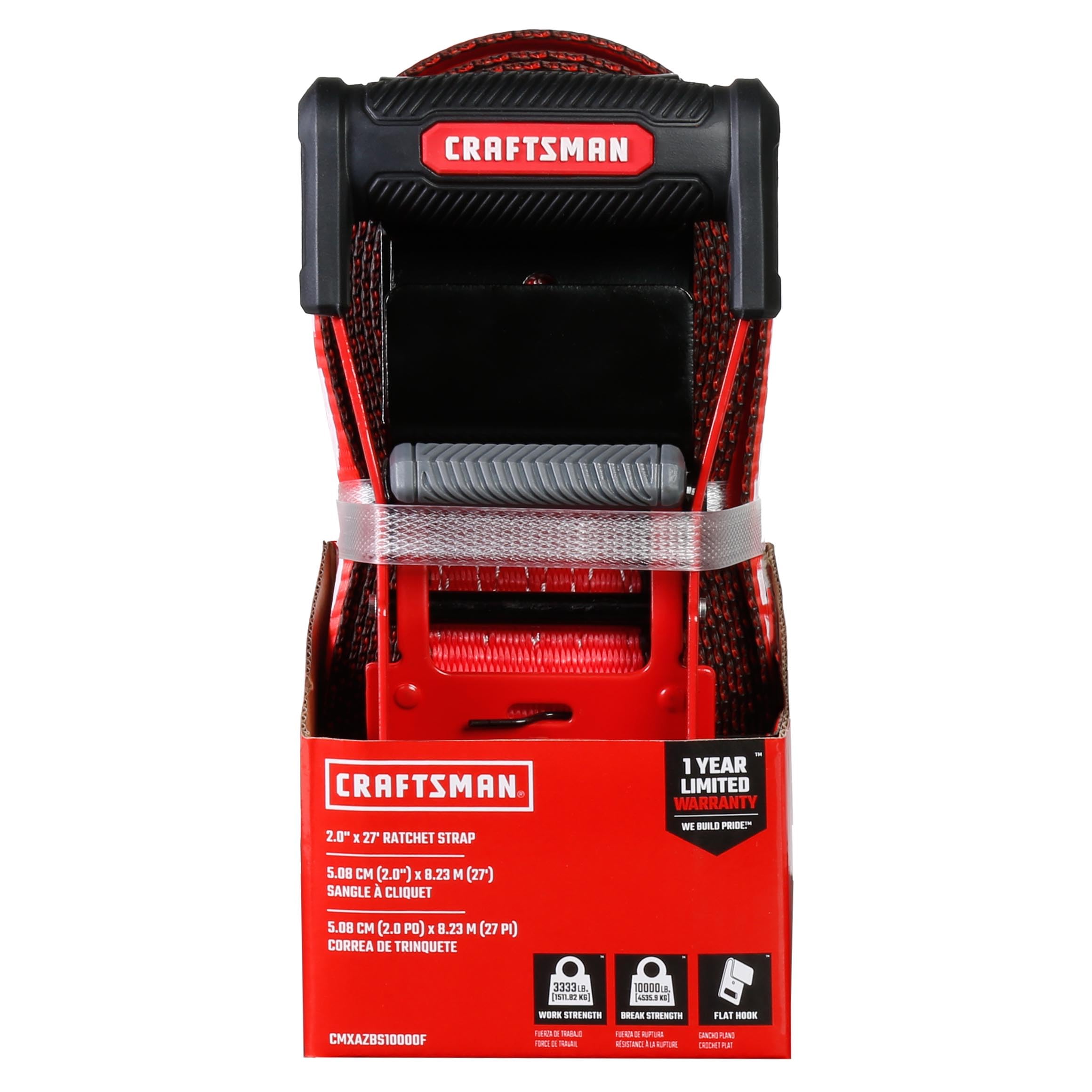 CRAFTSMAN CMXAZBS10000F Sangle d'arrimage à cliquet de 5,1 cm x 8,6 m avec Crochet Plat – Robuste/résistante à la Rupture de 4,5 kg, Noir/Rouge