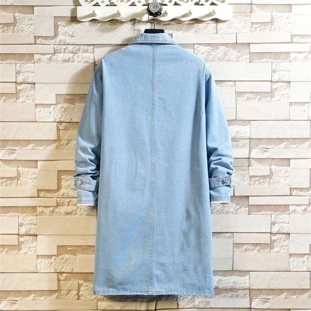 Fnfmrfmr Men Long Washed Retro Denim Jacket Long Sleeves Buttons Trench Coat Solid Pocket Outerwear
