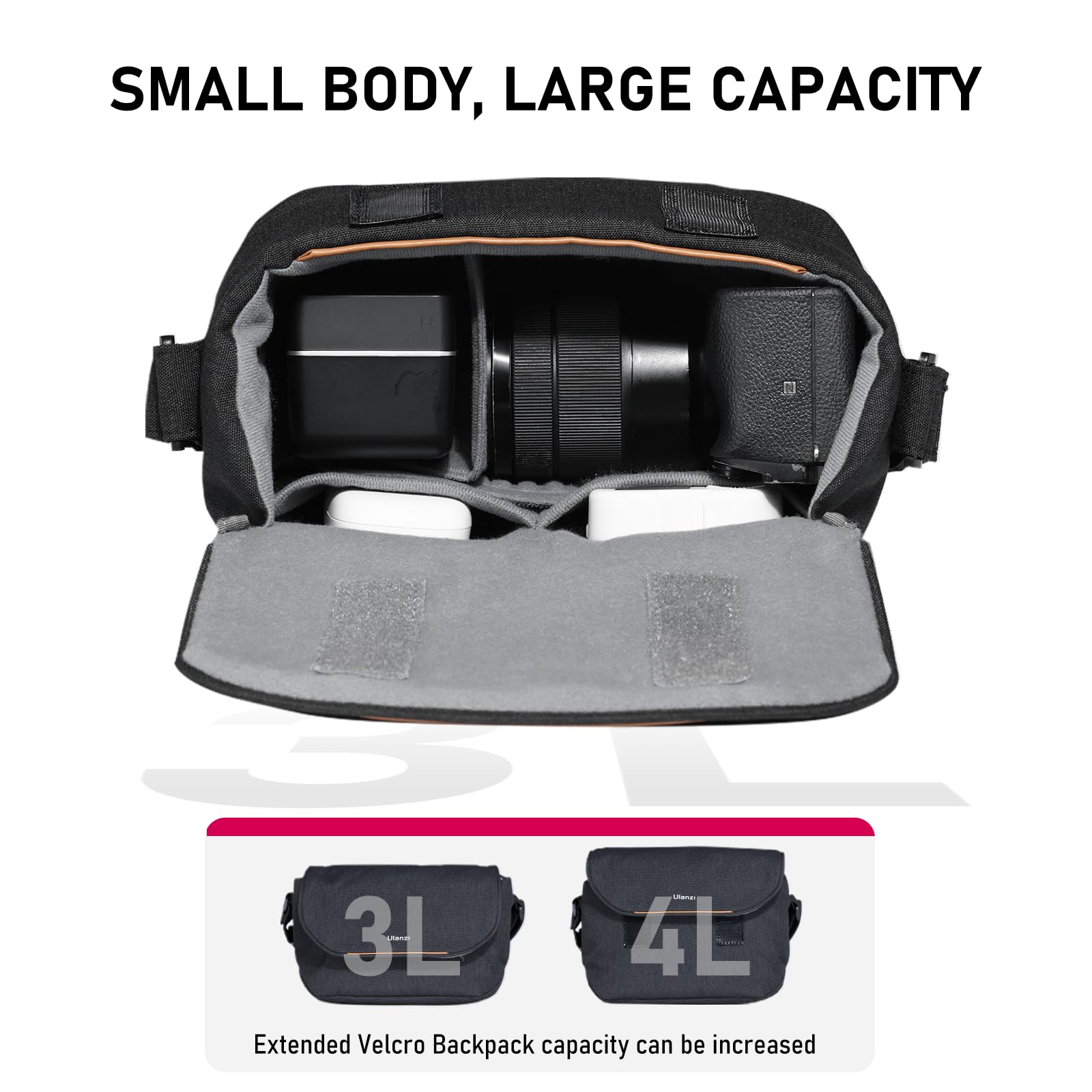 ULANZI Sacoche pour Appareil Photo, 4 L, Sac bandoulière léger SLR/DSLR, Noir, Petite Housse imperméable pour Femmes et Hommes, Compatible avec Sony/Nikon/Fujifilm, Noir, Minimalisme