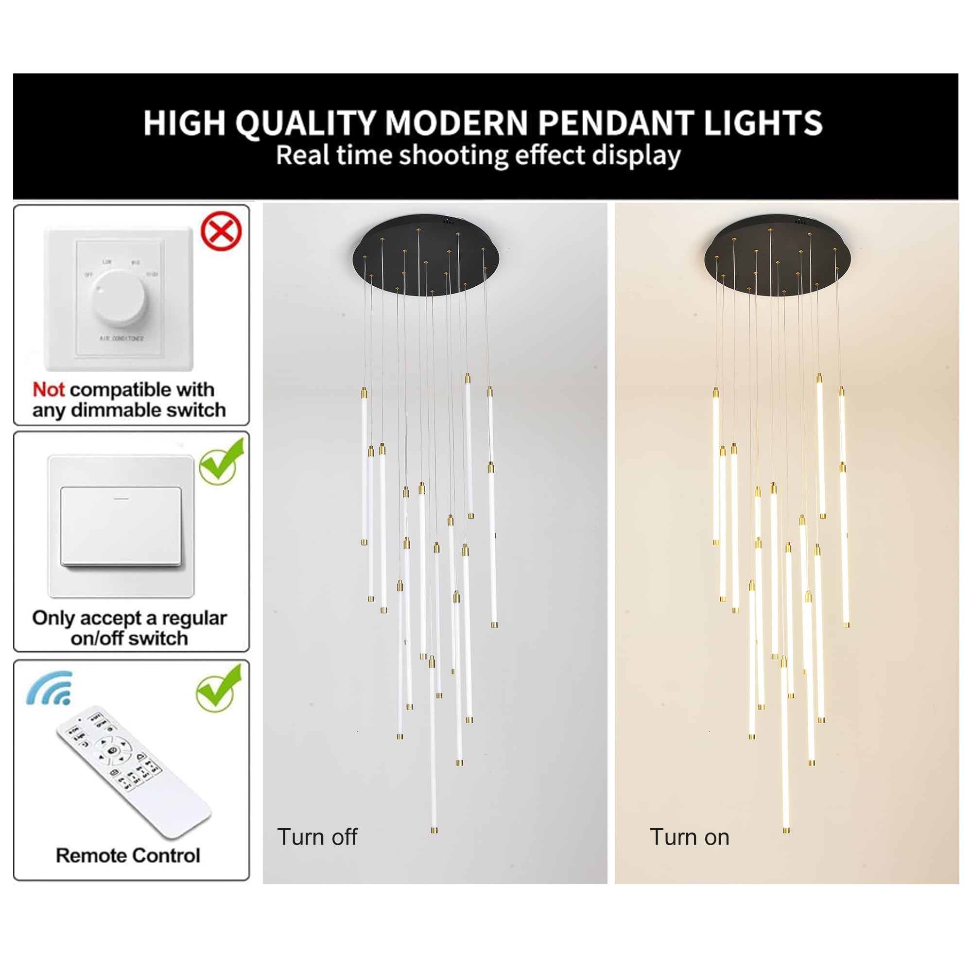 Qcyuui Nowoczesna Lampa Wisząca z 15 Światłami na Sufit, Regulowana Wysokość, Bardzo Duża Lampa Wisząca na Wysokie Sufity, Idealna na Poddasze, Schody, Salon, Willę, Elegancka Lampa Schodowa