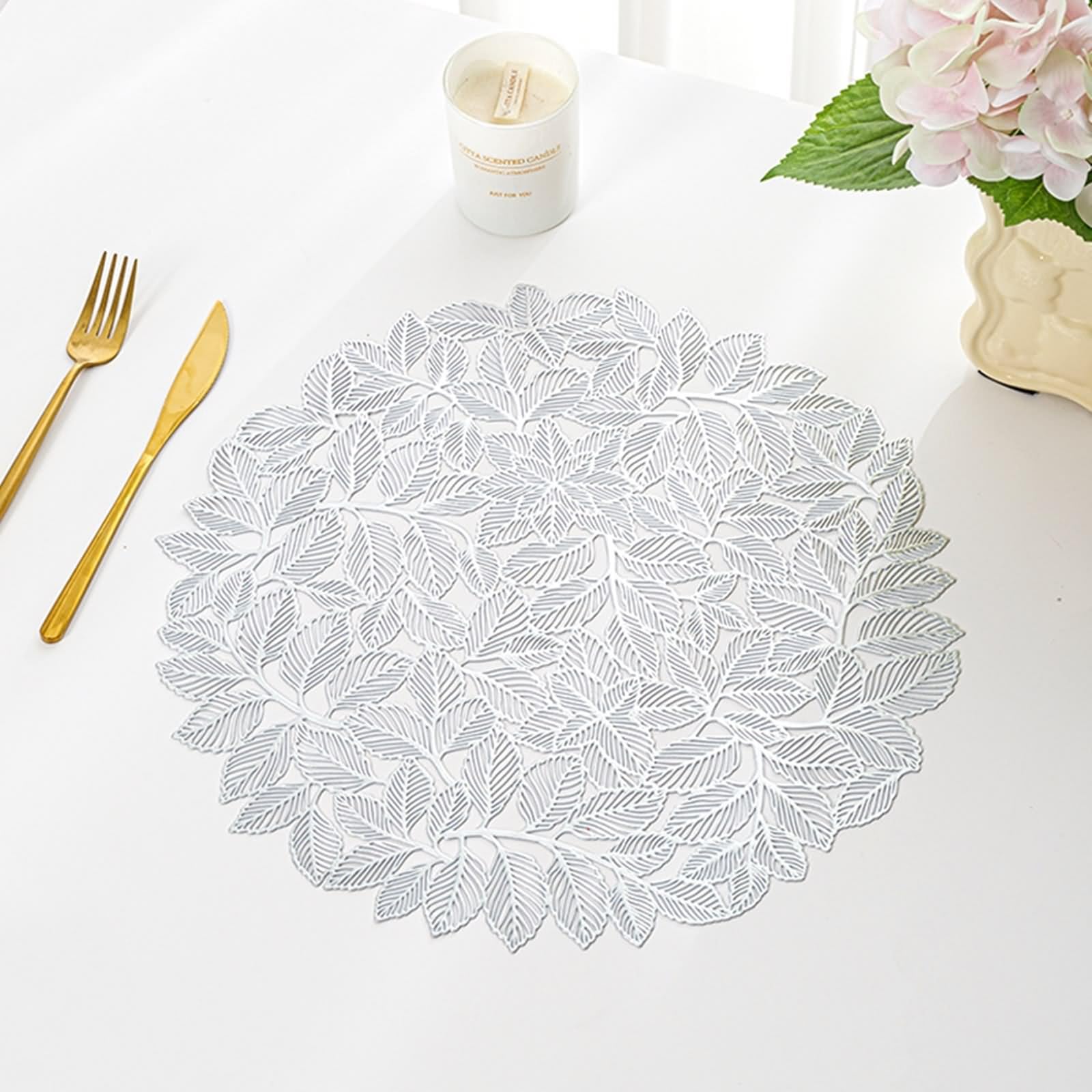 Tischset Herbst PVC, Platzset 6er Set 38cm Muster Aus Hohlen Ulmenblättern Silber für Küche Restaurant Speisetisch