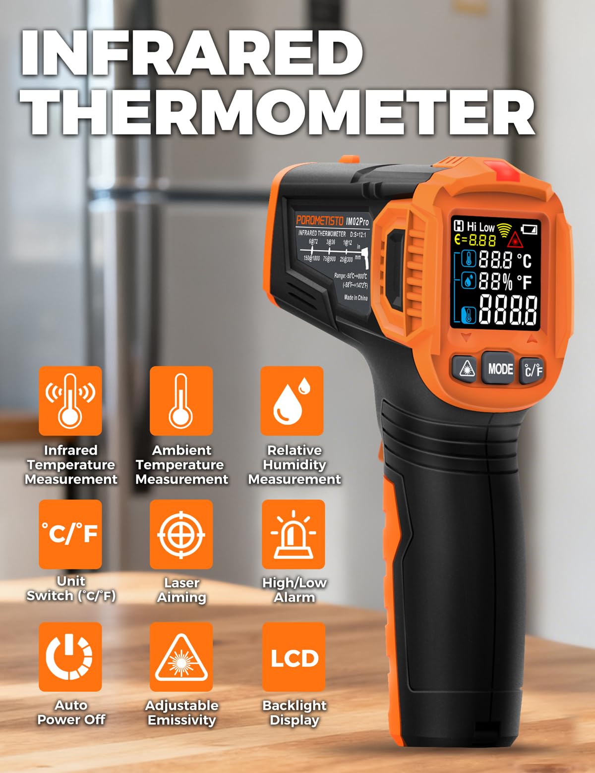Termometro Infrarossi Professionale POROMETISTO, Pirometro IR -50~800°C