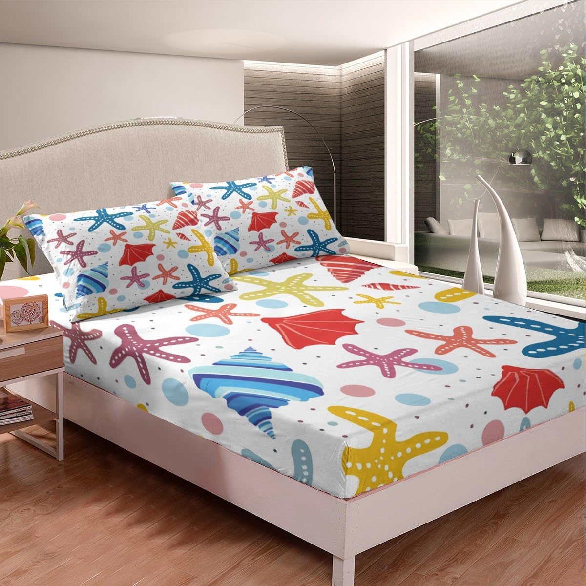 Cartoon Starfish Kids Fitted Sheet,Colorful Coastal Creature Ocean Theme Bedding Set for Kids Teens Adults,Polka Dots Print Hippie Bed Sheet with 2 Pillowcases(No Top Sheet),Queen Size 3 Pcs