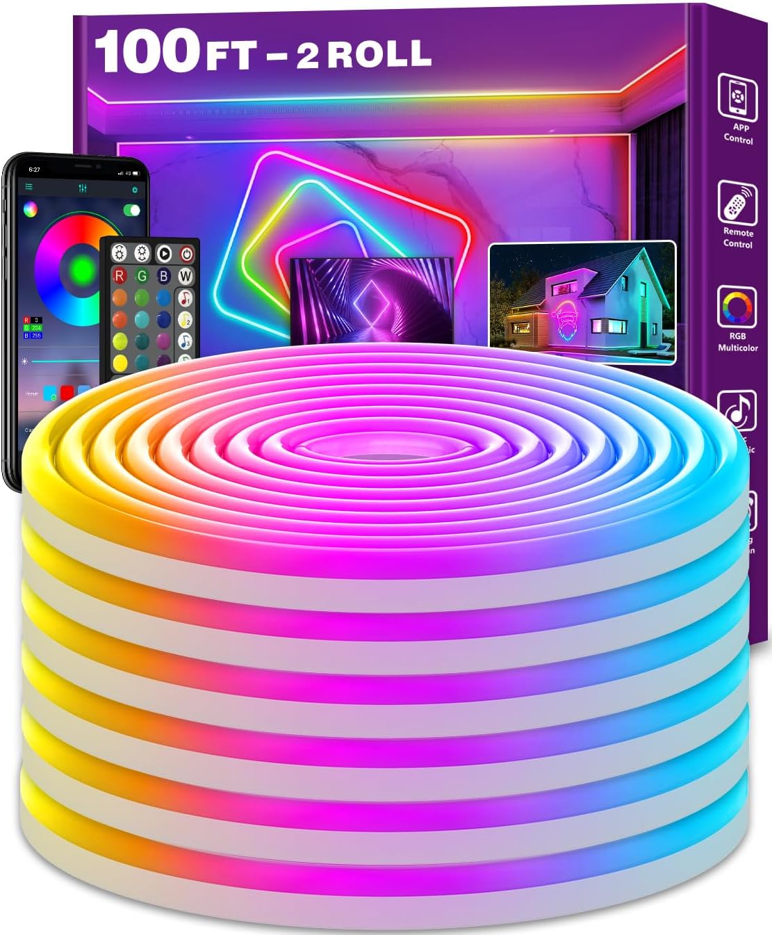 100Ft Neon Rope Lights,Flexible Led Rope Lights Control with App/Remote,Multiple Modes Rope Lights,IP65 Outdoor RGB Led Neon Lights Waterproof,Music Sync Gaming Led Neon Light Strip for Bedroom Decor