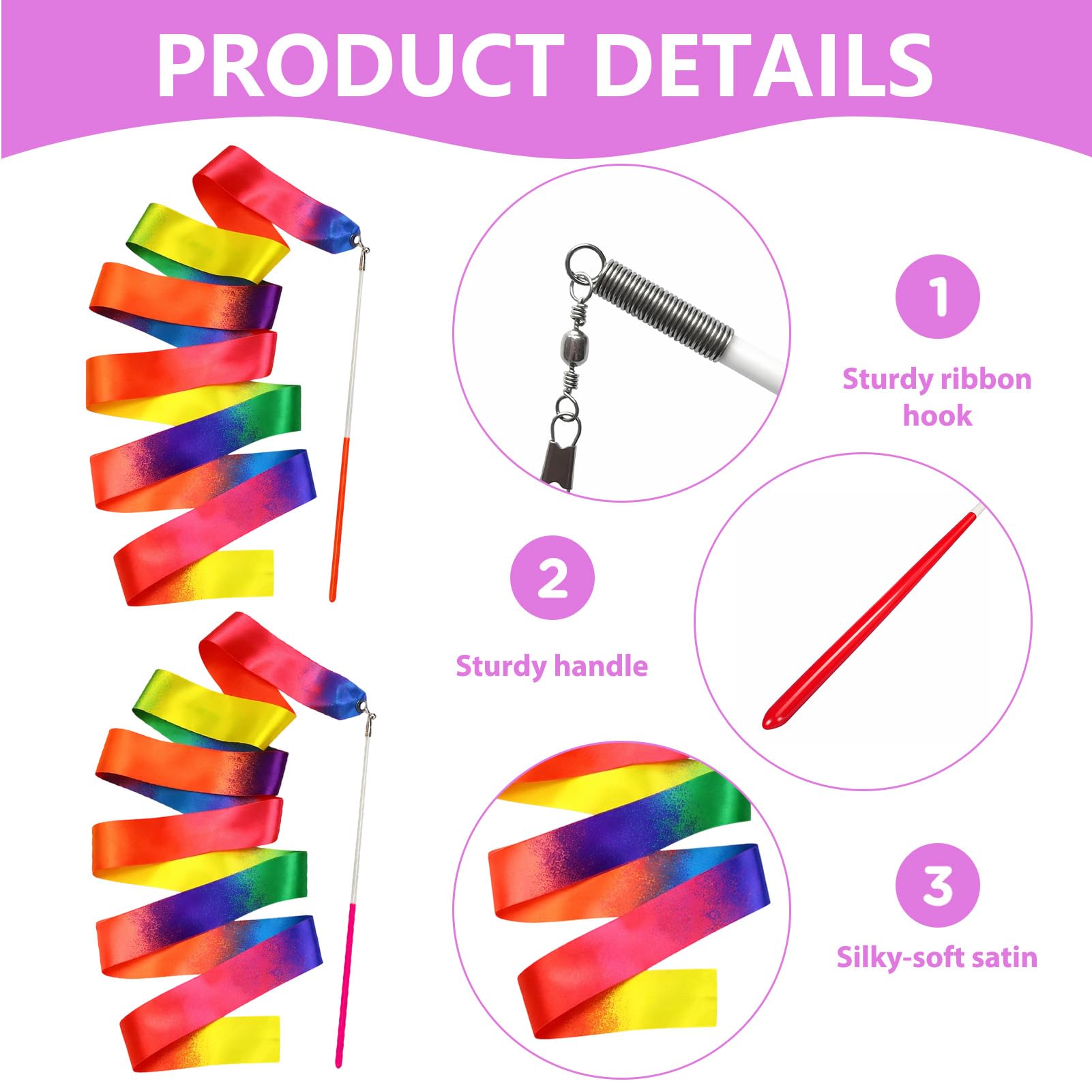 Ruban Gymnastique Rythmique 2M Nylon Durable avec Bâton 29cm, Set de 2 Pièces Multicolores