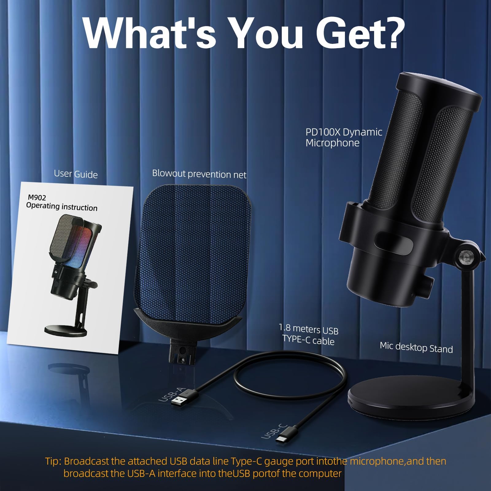 Micrófono USB para juegos para PC, micrófono dinámico de condensador VCOM con silencio rápido, indicador RGB, soporte de escritorio, filtro pop, soporte de choque, monitoreo para transmisión,