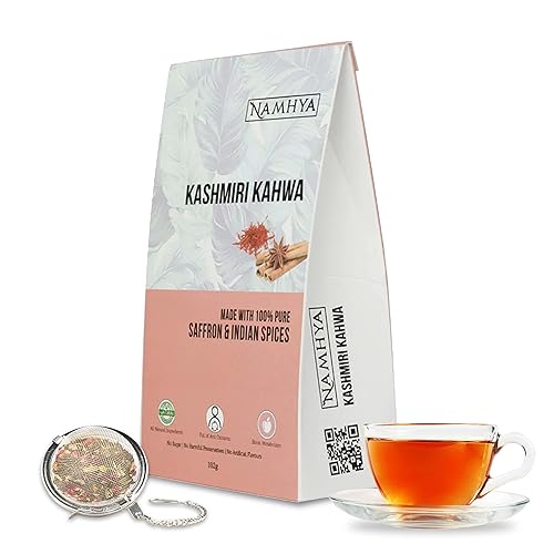 Namhya Kahwa de Cachemira con azafrán puro, cardamomo, canela y pétalos de rosa Especias 100% naturales Té Masala Chai Preparar té caliente o