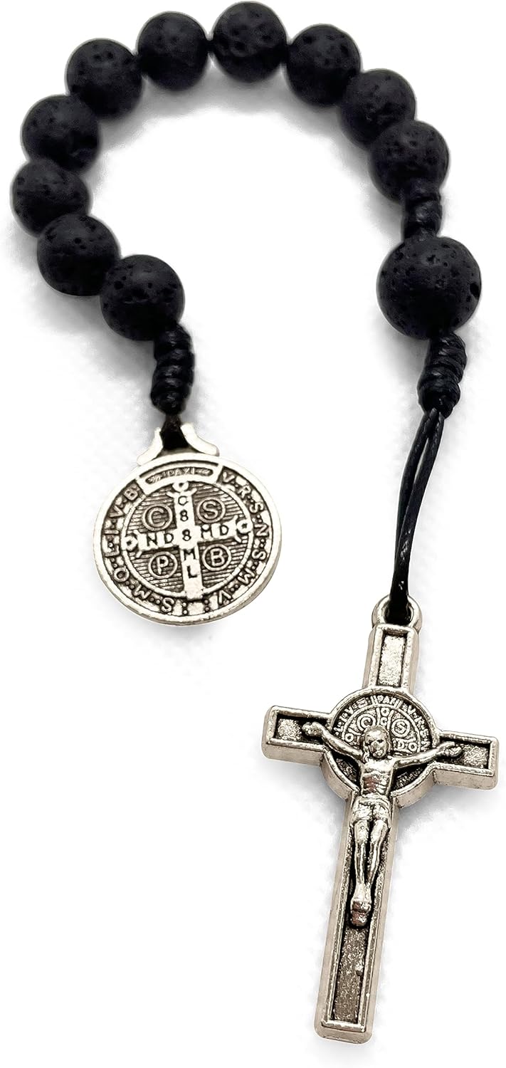 Catholic Prayer Pocket Rosary Saint Benedict Medal Black Lava Beads San Benito Tenner Open Style One Decade Rosary - Image 2