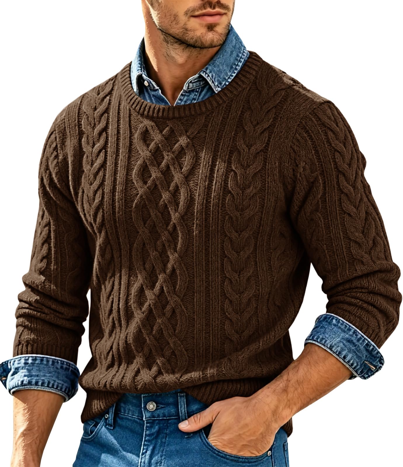 Runcati Mens Pullover Sweater Cable Knit Casual Crew Neck Slim Fit Sweaters