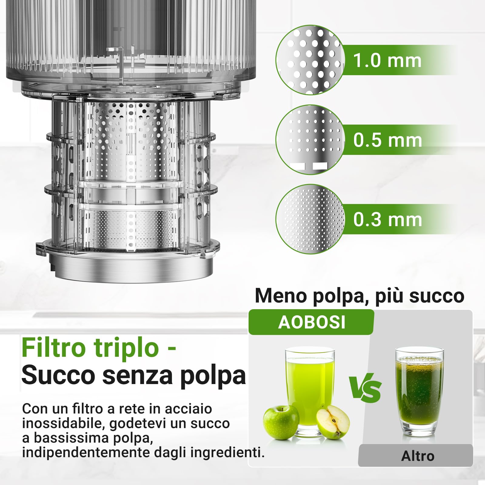 AOBOSI Estrattore frutta e verdura, 126MM XXL Grande Canale di Alimentazione per Frutta e Verdura Intere - Capacità 1,5L, 200 W Slow juicer, Triplo Filtro, Nero