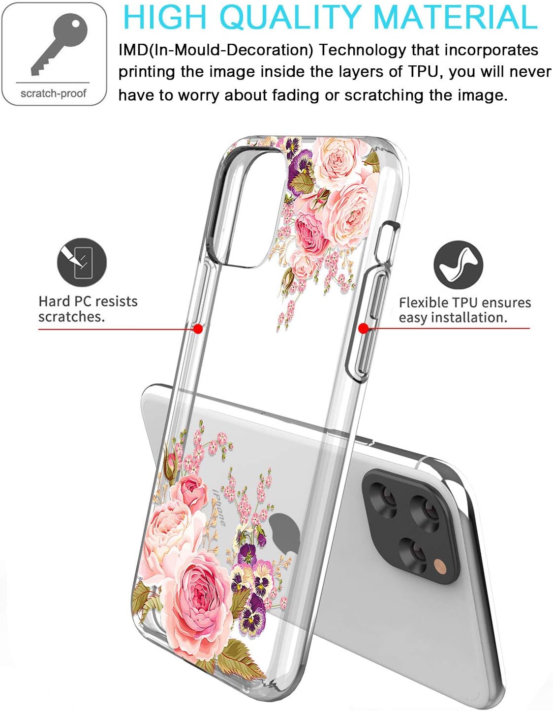 JAHOLAN iPhone 11 Case Clear Cute Design Flexible Bumper TPU Soft Rubber Silicone Cover Phone Case for iPhone 11 / XI 6.1" 2019 - Girl Floral Flower Rose