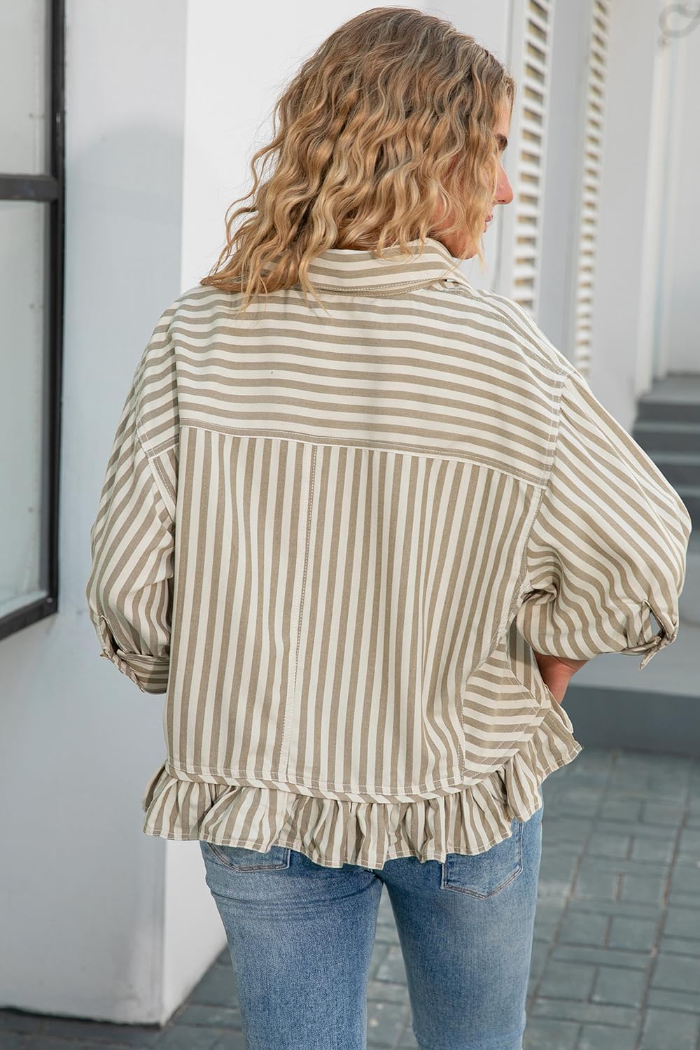 CHYRII Womens Summer Tops Dressy Casual Blouse Top Ruffled Short Sleeve Button Down Striped Shirt - Image 5