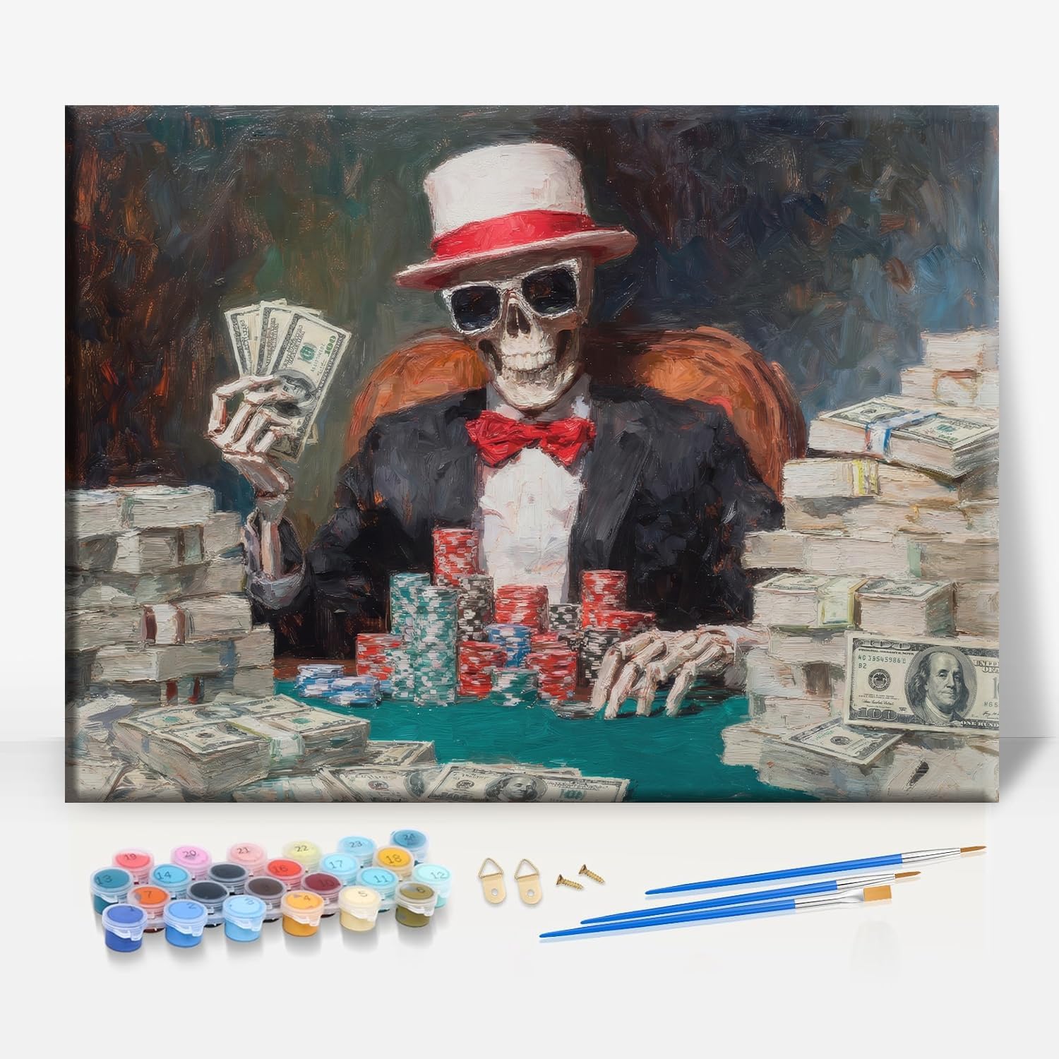 Aeontinity Skeleton in Sunglasses Playing Poker Hobby Framed Canvas DIY Paint by Numbers Kit Bar Cafe Cave Home Room Wall Bathroom Porch Patio Decor Gift, 16 x 12 Inch