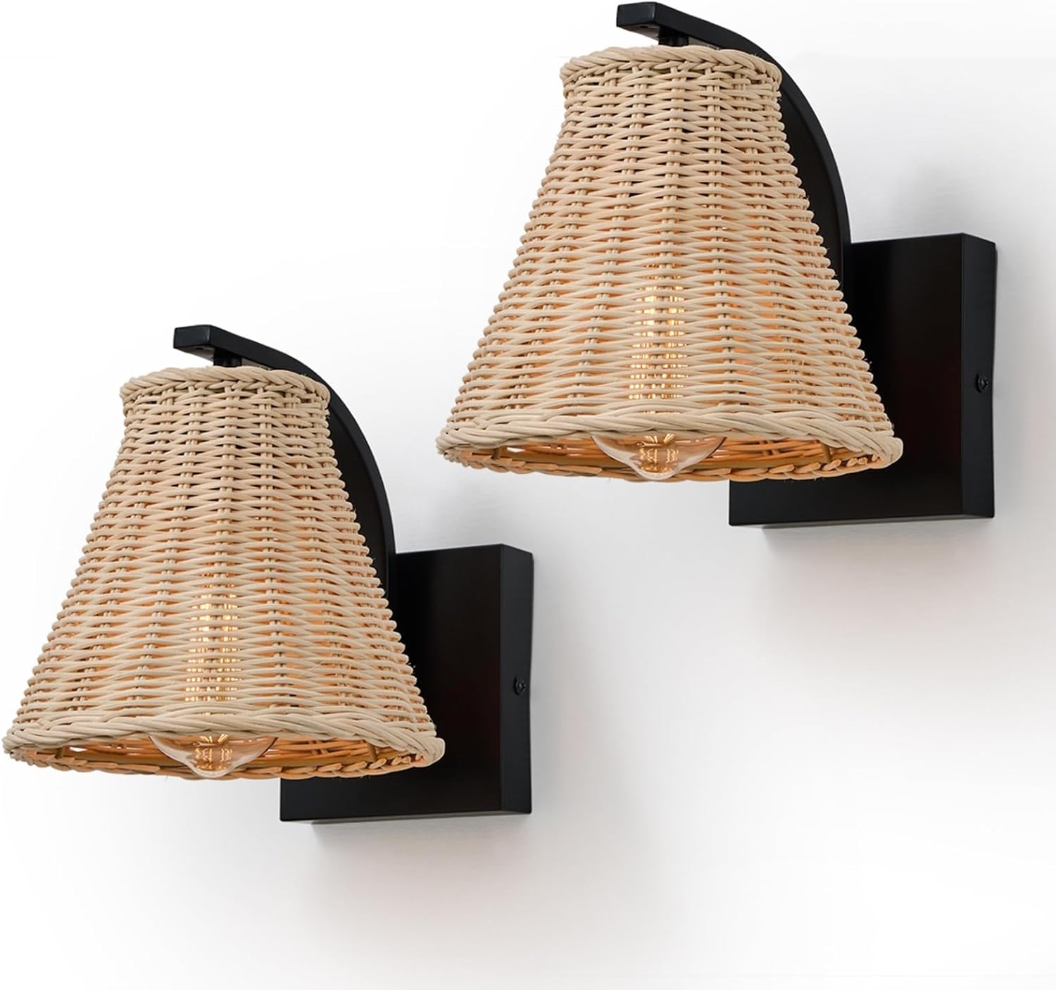 Boho Rattan Wall Sconce Set of Two, Wrapped Wall Light Fixtures with Hand Woven Wicker Lamp Shade, Farmhouse Rustic Indoor Wall Mount Lighting Fixture for Bedroom Bedside Living Room Hallway Bathroom