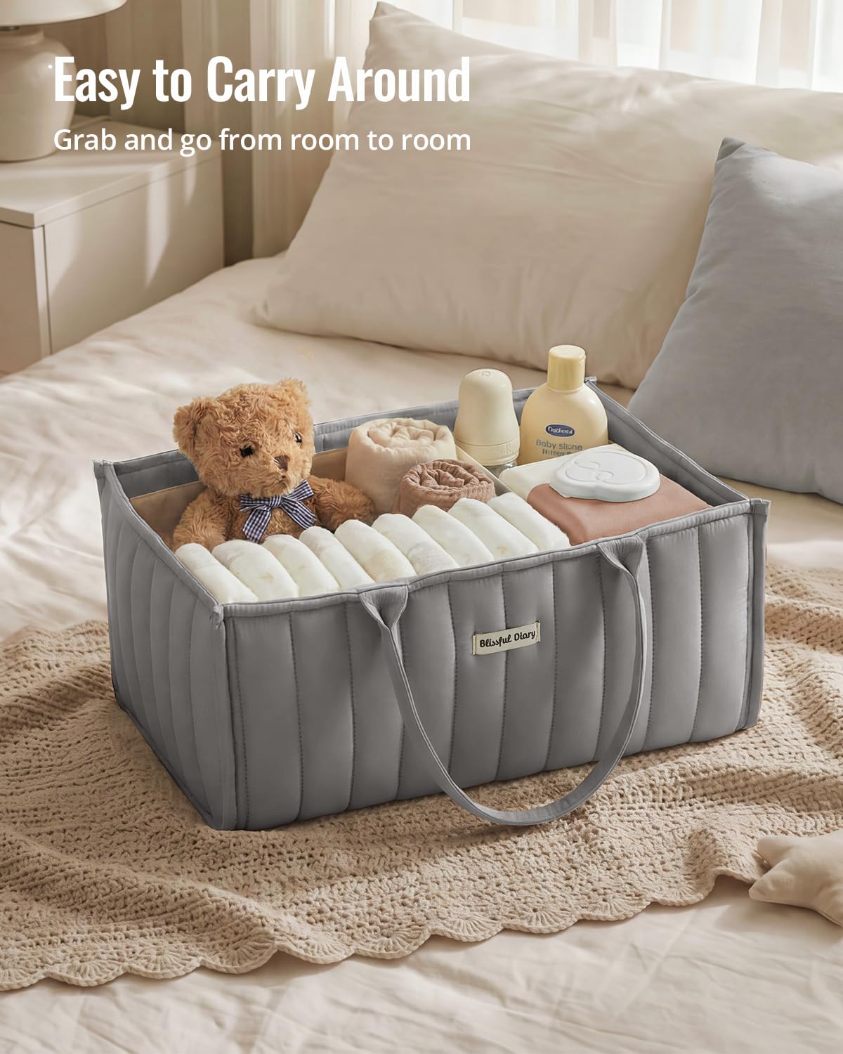 Blissful Diary Cestino per pannolini, per baby shower, per neonati o ragazze, organizer per pannolini, registro dei regali per neonati e neonati indispensabili, grigio chiaro