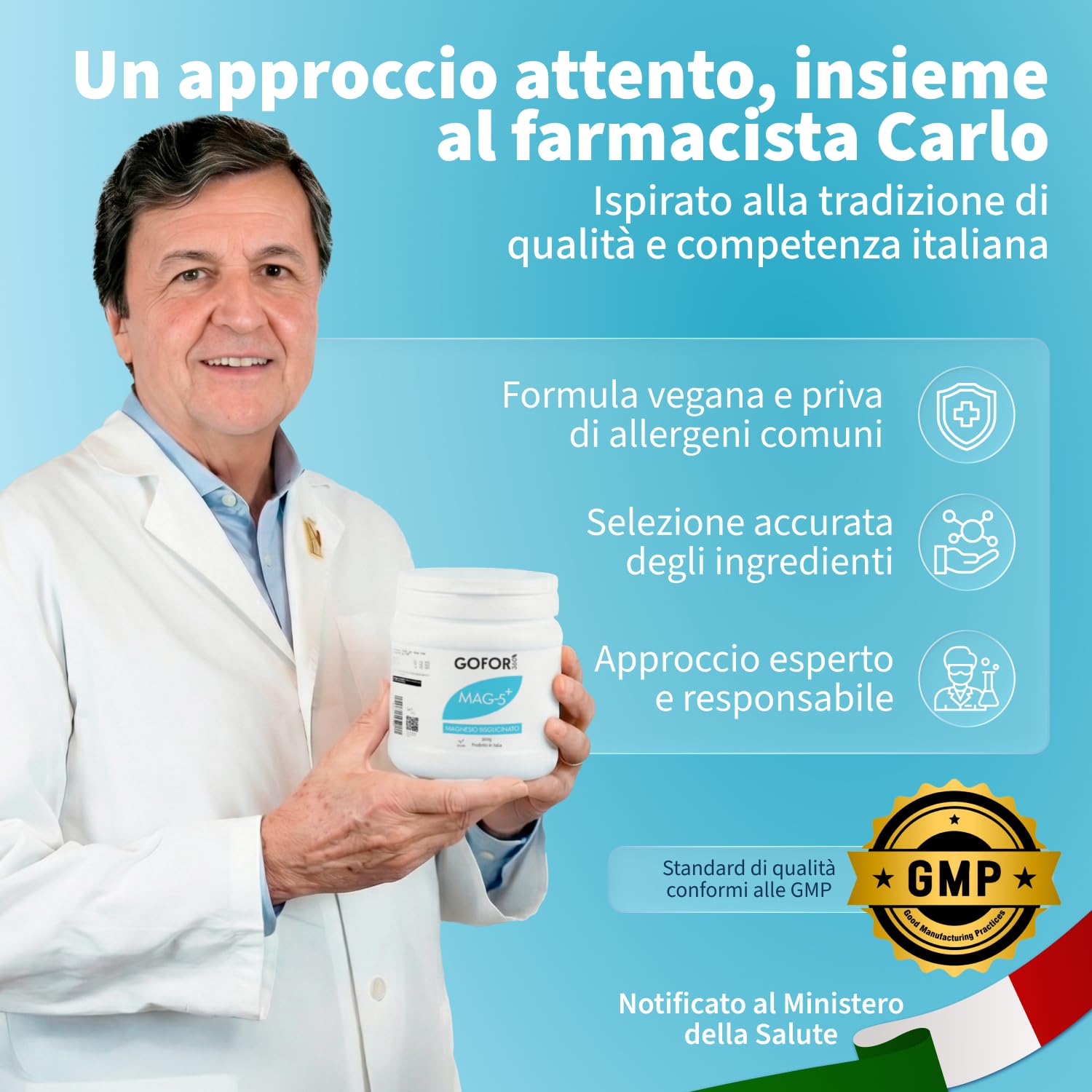 GOFOR360 MAG 5+ Magnesio Bisglicinato in Polvere — Formula con Vitamina B6 e C – Magnesio in Polvere per Stanchezza Muscoli e Rilassamento – 300 g