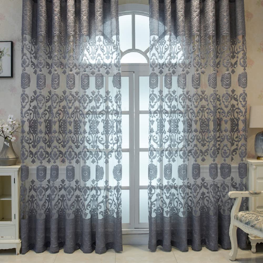 Amidoudou 1 Paar Luxuriöse Europäische Schiere Vorhänge Hohlen Bestickten Tüll Vorhänge Für Schlafzimmer Wohnzimmer (Grau,2-Set H 260 x B 140 cm)
