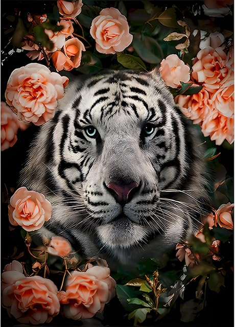 MXJSUA Tiger Diamond Painting Kits, 5D Diamond Painting Kits for Adults Beginner, 5D Diamond Art Tiger Kits Adults, DIY Diamond Picture Arts Gem Arts Painting Tiger in Orange Flowers 30x40cm