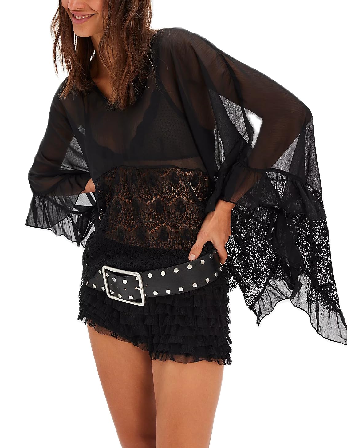 UAURORAO Women Ruffle Sheer Top Long Sleeve See Through Mesh Blouse Tops Oversized Flowy Chiffon Tunic Shirts