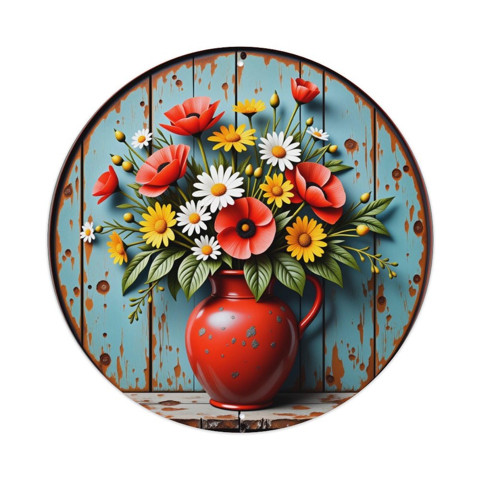 Floral Arrangement In Red Vase On Rustic Background Round Tin Sign Vintage Style Metal Sign Home Bar Garden Wall Plaque Decor Metal Poster 8x8 Inch