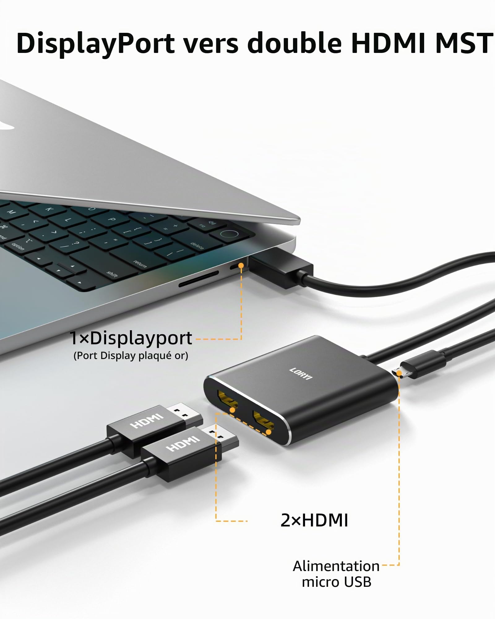 Répartiteur DisplayPort vers double HDMI, répartiteur multi-écrans 4K 60 Hz, double moniteur DP vers 2 moniteurs HDMI pour ordinateur portable, carte graphique, PC, compatible Windows, mode étendu MST