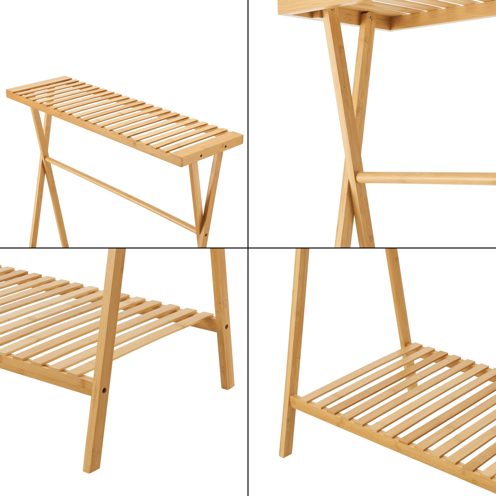 [en.casa] Stand Appendiabiti in Bambù Organizzatore Guardaroba con 2 Ripiani a Doghe e Barra Porta Abiti per Ingresso Camera da Letto 140 x 90 x 45 cm - Naturale