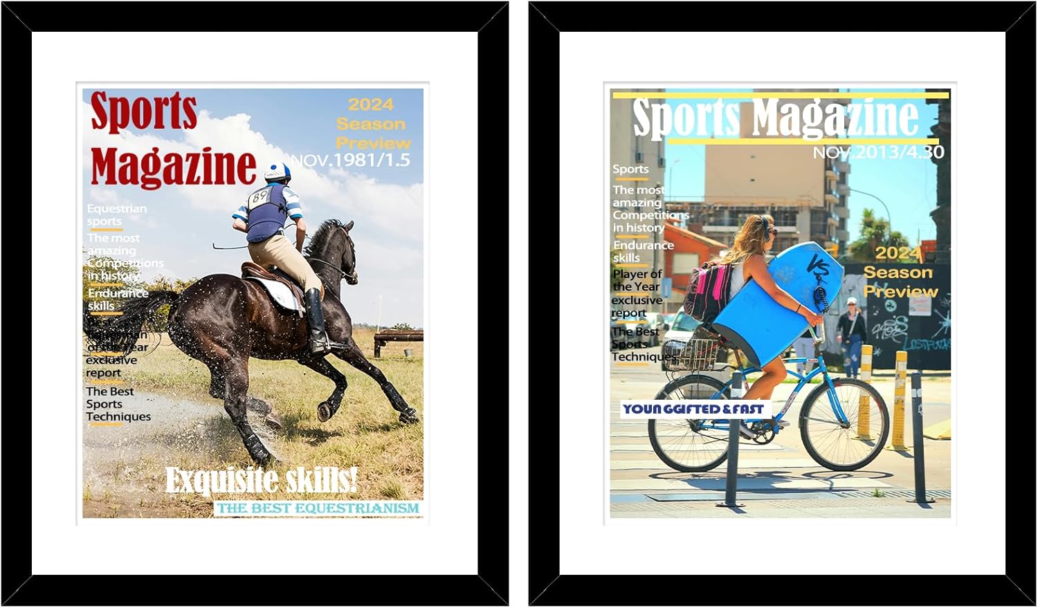 4 Pack Sports Magazine Frame Display 8.5 x 11.25 or 8.25 x 11 Magazine with 2 Sizes Mat, or 11x14 Photos without Mat, Magazine Display Frame with Shatter Resistant Plexiglass for Wall Hanging, Black