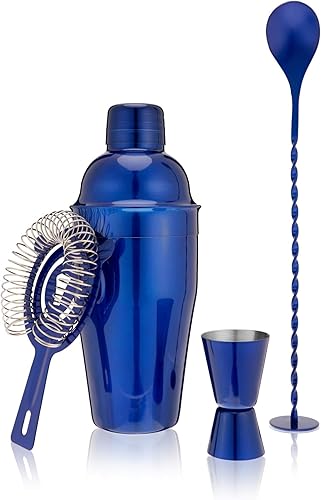 True Juego de utensilios de bar azules, coctelera de acero inoxidable, jigger, Muddler, cuchara de bar, colador Hawthorne