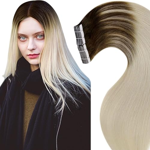 Tape in Hair Extensions Human Hair Chocolate Brown Ombre Bleach Blonde Balayage Hair Extensions Tape ins Remy Seamless for Women LaaVoo 50g 20pcs 22 Inches