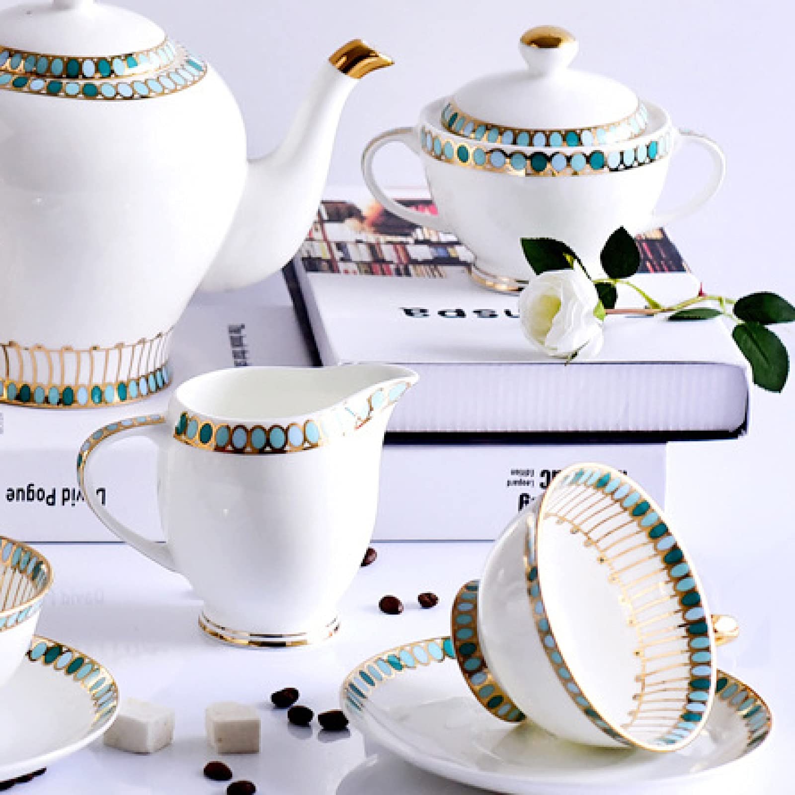 Set di tazzine da caffè in porcellana, set con piattino e tazza, set da tè in porcellana da 15 pezzi Set di tazze da caffè e piattino con teiera, zuccheriera e brocca for il latte, regalo for adulti e
