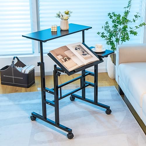 Miniatura 2 de Tangkula Escritorio móvil de pie escritorio de altura ajustable para oficina en casa con 2 modos de pie y asiento mesa inclinable y ruedas flexibles