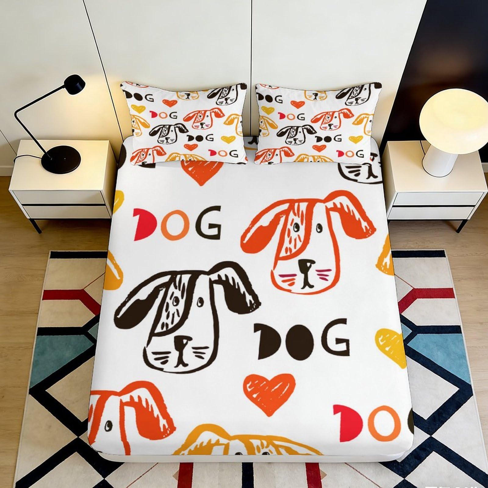 3D Printed Cartoon Dog Fitted Sheet Microfiber Orange Heart Bed Sheet for Bedroom Guest Room Mattress Decor 90x200x25cm