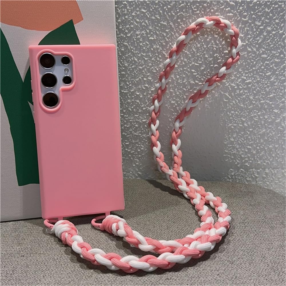 Étui en corde tressée rose pour Samsung A54 5G avec lanière fine
