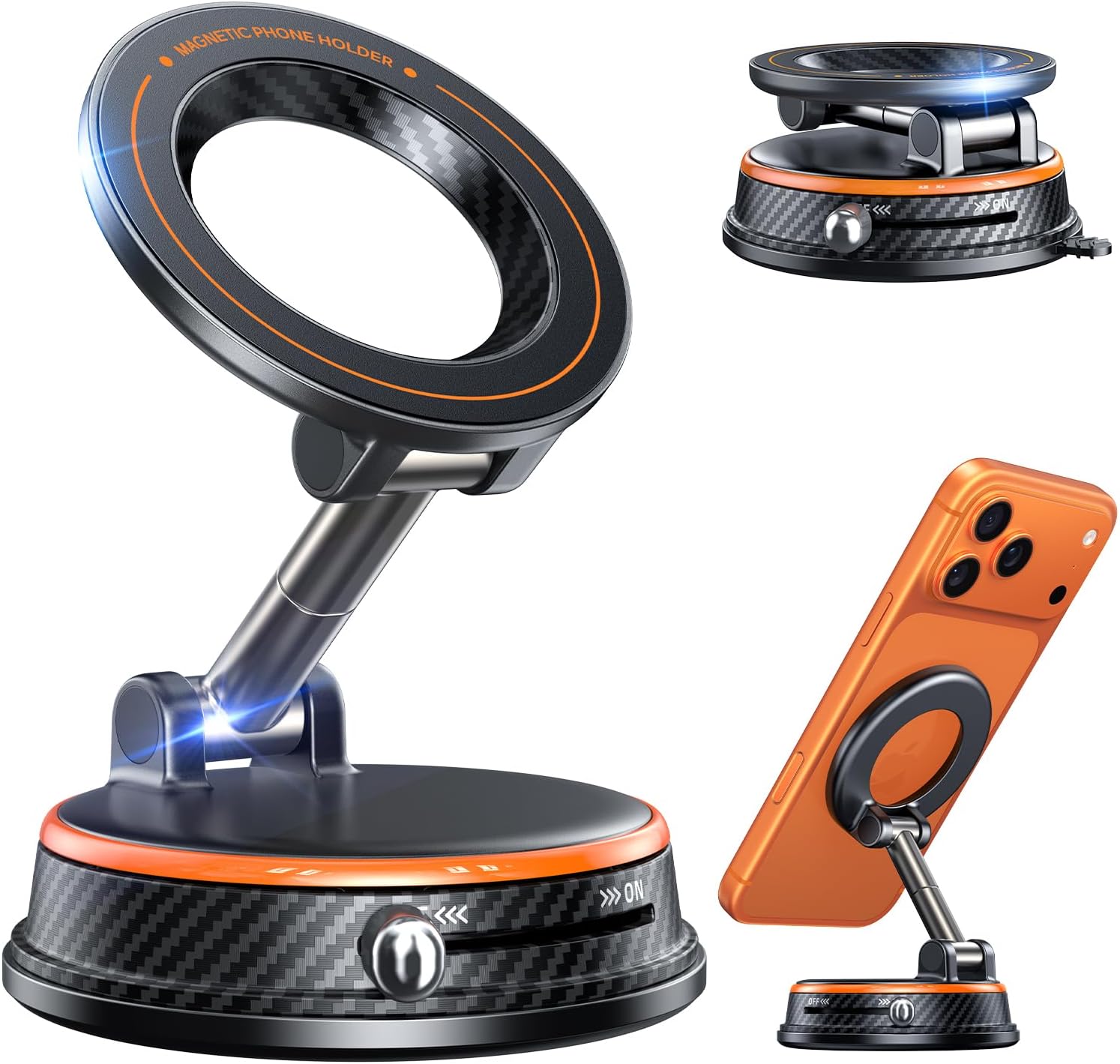 Upgraded Car Phone Holder for Magsafe [108+LBS Strongest Suction & 3000gf Magnetic] Vacuum Magnetic Phone Holders for Your Car 360° Adjustable Car Phone Mount for iPhone & Android Dark Orange