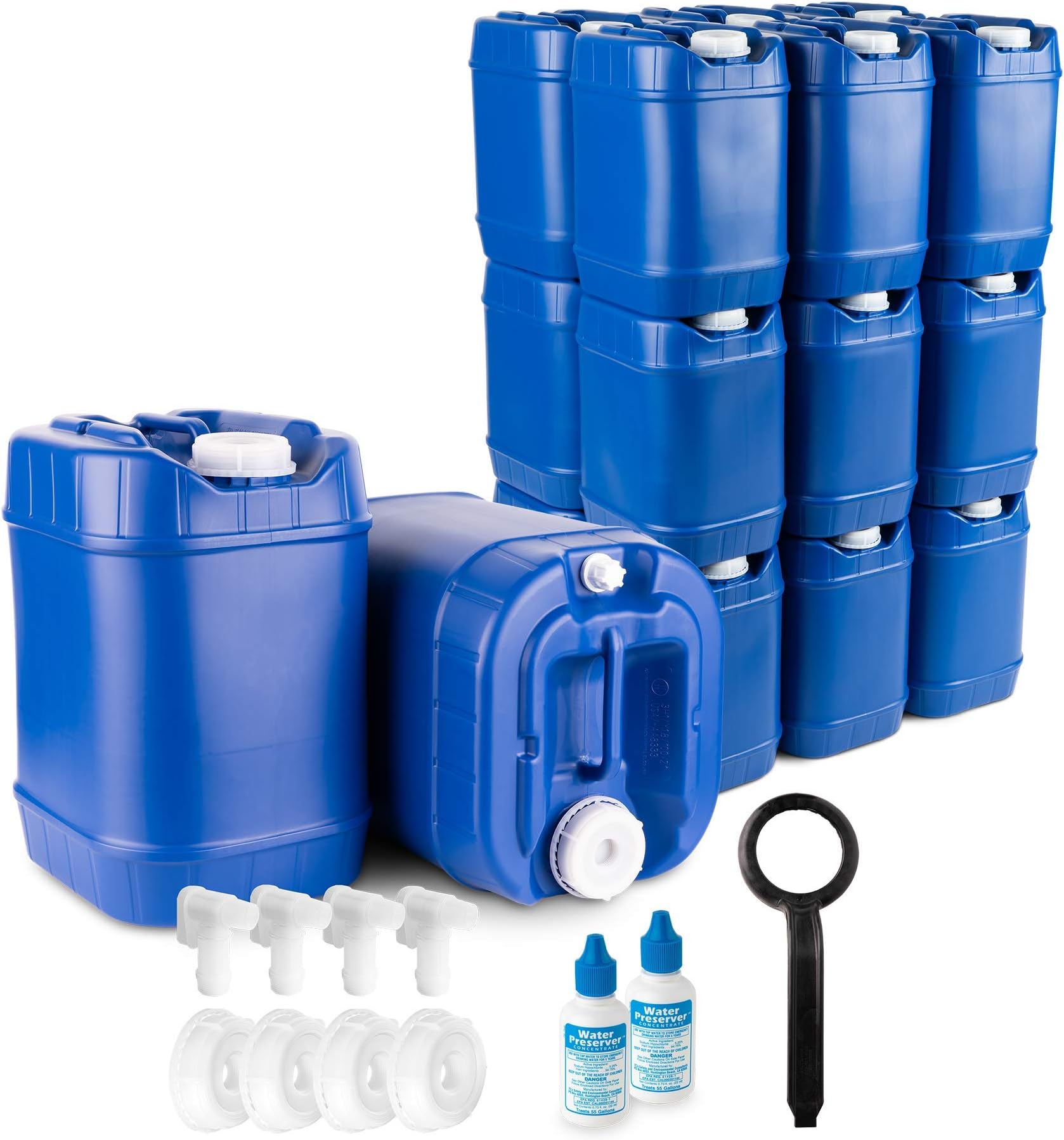 Saratoga Farms 5-Gallon Stackable Water Storage Containers with Lids, Emergency Water Storage Kit Including Spigots and Water Preserver Bottles