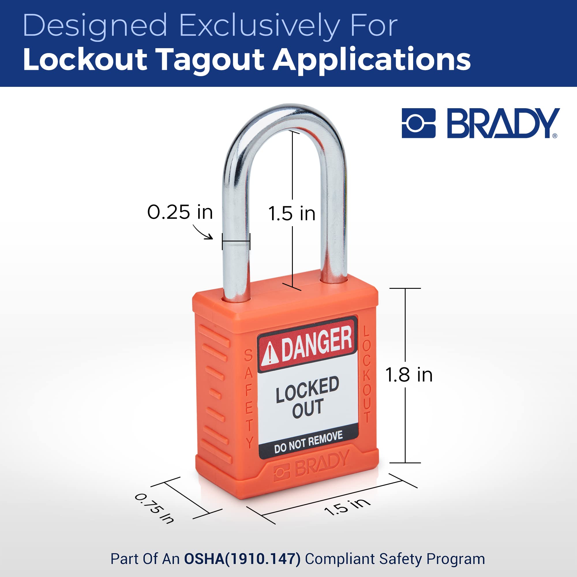 Brady Safety Lockout Padlock Sets - 6 Pack - Orange - Keyed Different Safety Lockout Padlocks - 1 Key Per Lock - SDPL-ORG-38ST-KD6 - Image 4