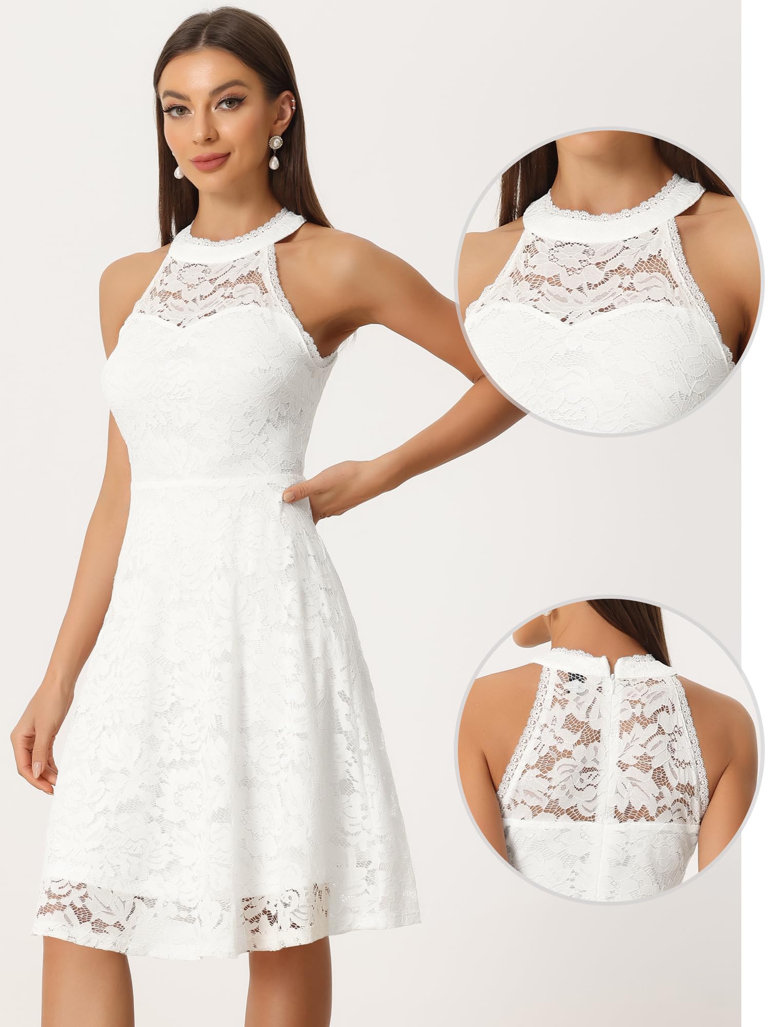 Allegra K Vestido de cóctel de encaje para mujer, elegante, halter, para invitada de boda, dama de honor, vestido de fiesta