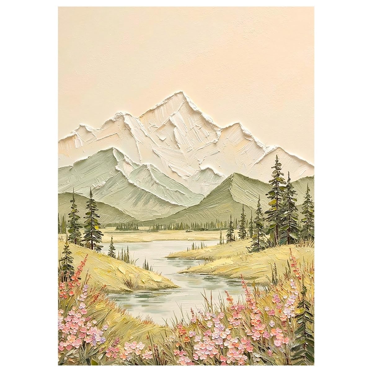 LCDIUDIU Unframed Vertical Hand Painted Canvas Wall Art Abstract Thick Textured Mountain Landscape Oil Paintings Green Trees River Artwork Wall Decor for Living Room Bedroom Office 50X70Cm(20X28Inch