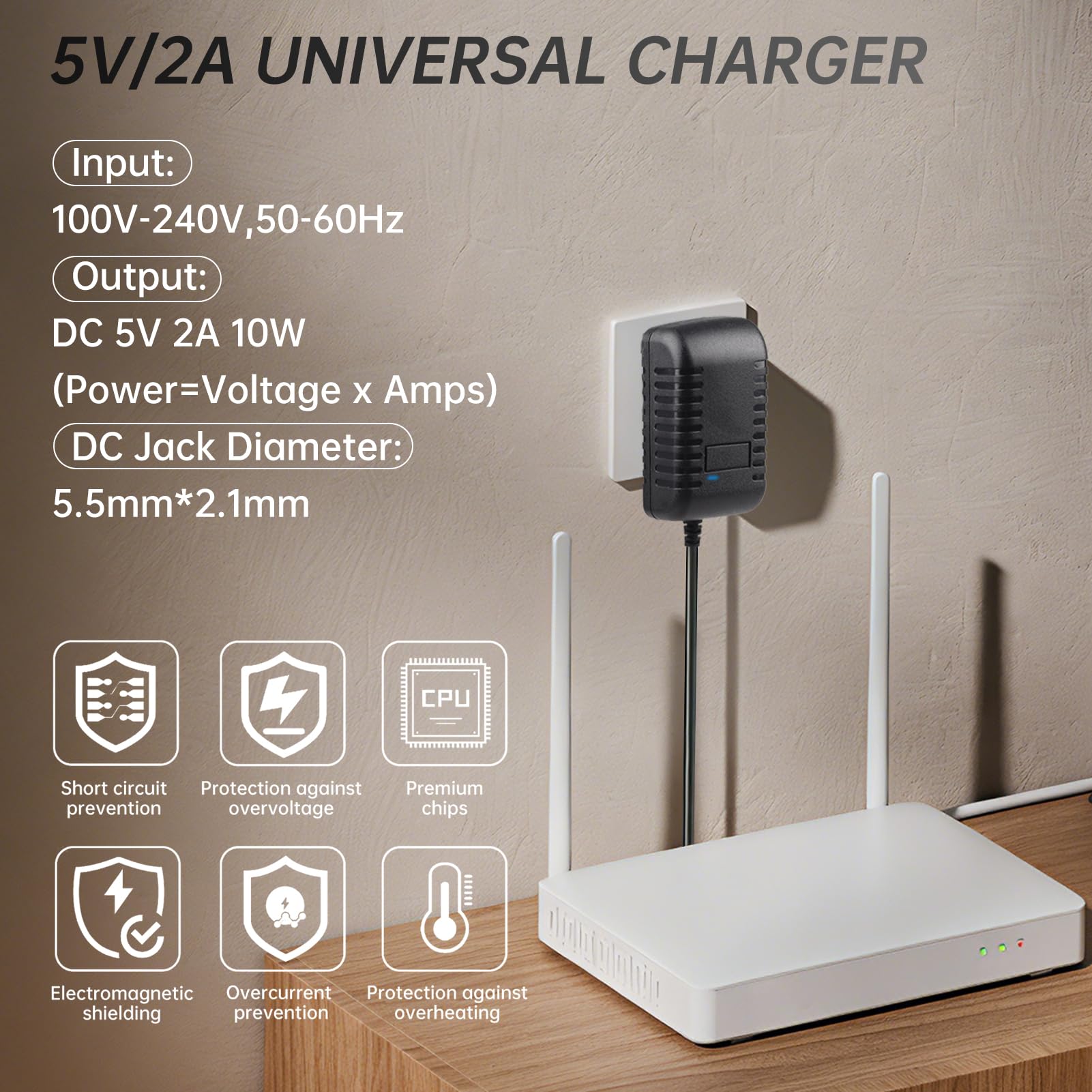 5V 2A Power Adapter Universal Power Supply Replacement, AC to DC 5v Adaptor with 8 DC Plugs,AC Adapter 100-240V 50 60Hz, 5 V Charger Adaptor for LED Strip, Router, TV Box, Audio, Speaker,Wall Charger — view 7