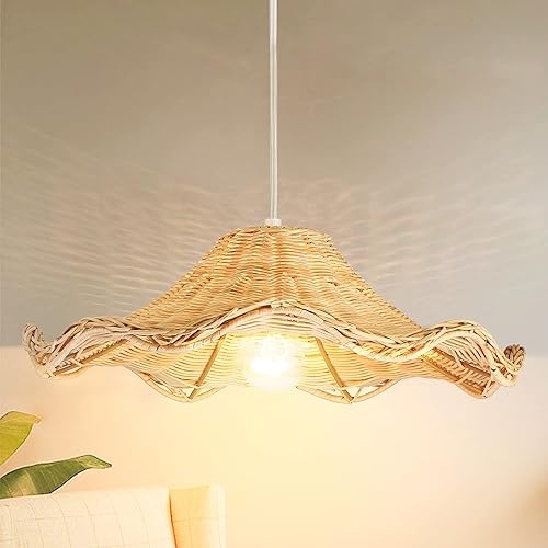 Untrammelife Lámparas colgantes de ratán tejidas a mano de 16.5 pulgadas, lámpara de araña bohemia antigua de mimbre natural, iluminación colgante