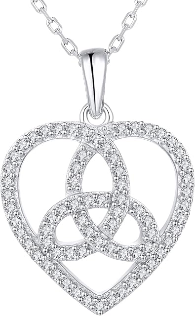 JO WISDOM Women Necklace,925 Sterling Silver Love Heart Irish Celtic Triangle Knot Triquetra Pendant Necklace with 3A Cubic Zirconia