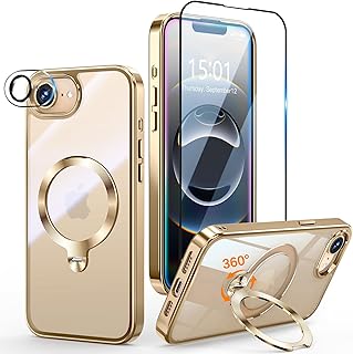 [Tri-Shield Protection] for iPhone 17e/16e Case with 360° Spin Stand Compatible with MagSafe [Magnetic CD Ring] [Screen & Camera Lens Protector] Shockproof Plating Never-Yellowing, Gold-6.1"