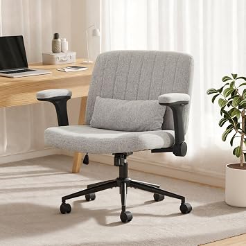 SAMERY Criss Cross Chair with Adjustable Flip-Up Arms, Wide Cross Legged Office with Wheels, Desk Vanity Chair Height Adjustable Swivel for Home Office Vanity Computer Task Gray, with Armrests
