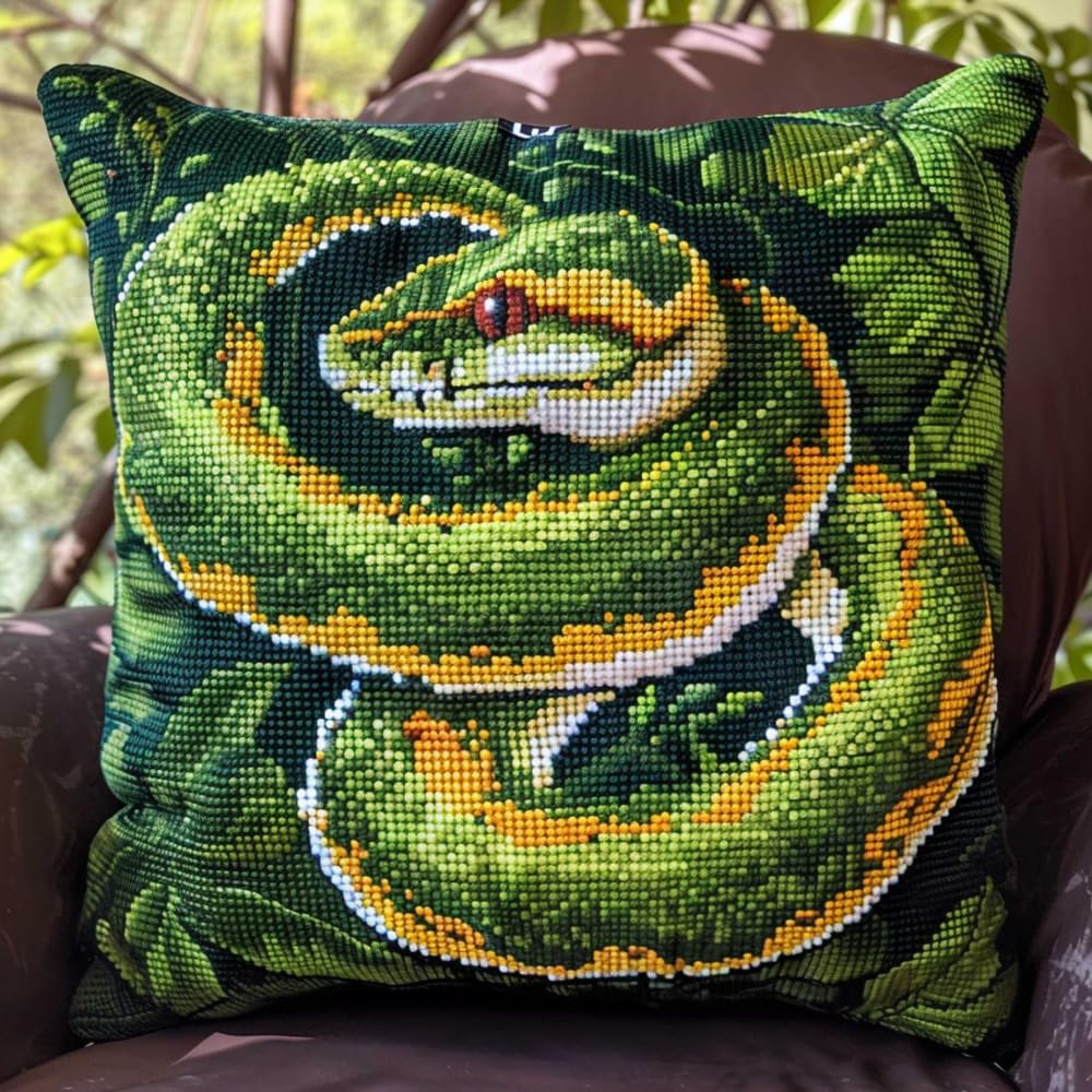 RKFLGEW Latch Hook Kit Cushion Green Snake DIY Hook Latch Kit Pillowcase Rug Printed Cushion Crochet Yarn Embroidery Decoration Beginner Latch Hook KitsVerrouillage 43x43cm